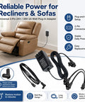 29V 24V 2A Universal Recliner Power Supply Plug In Adapter For Electric Chair Sofa Couch Lift Motor shown with cables and wall plug