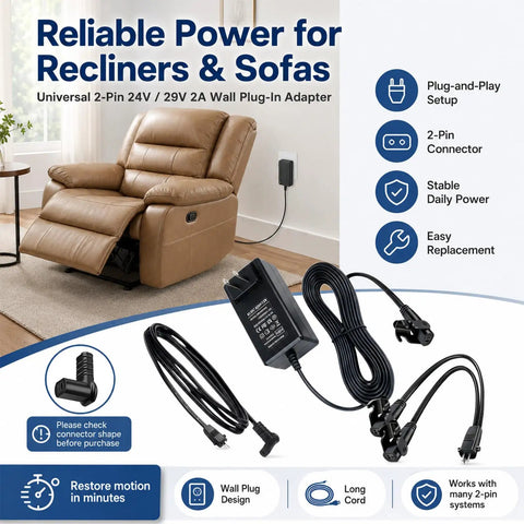 29V 24V 2A Universal Recliner Power Supply Plug In Adapter For Electric Chair Sofa Couch Lift Motor shown with cables and wall plug