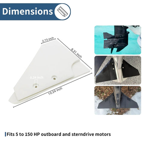 Dimensions of Gas-Saving Dorsal Fin Style Hydrofoil Stabilizer for 5-150 HP outboards and sterndrives, white PA66 plastic