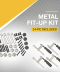 Metal fit-up kit with 24 pieces for Heavy Duty Steel Welding Table With 24-Piece Fit-Up Tool Kit, showing nuts, bolts, and clamps.