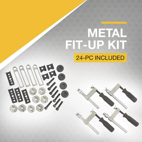 Metal fit-up kit with 24 pieces for Heavy Duty Steel Welding Table With 24-Piece Fit-Up Tool Kit, showing nuts, bolts, and clamps.