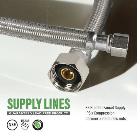Braided Faucet Connector 16 Inch Long One Half Inch IPS Brass Nut to Three Eighths Inch Female Fitting Lead Free Stainless Steel