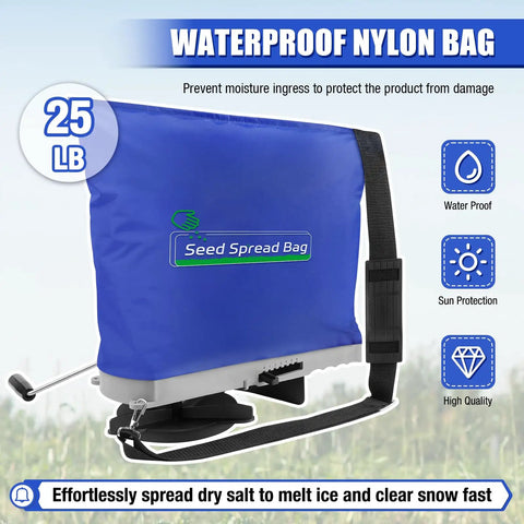 Side view of blue 25Lb Seed Spreader with Waterproof Bag, precise gears, handheld design for accurate lawn seeding.