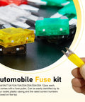Close-up of Must Have 120 Piece Car Fuse Kit With Quick Blow Mini Blade Fuses in various colors, including yellow and green.