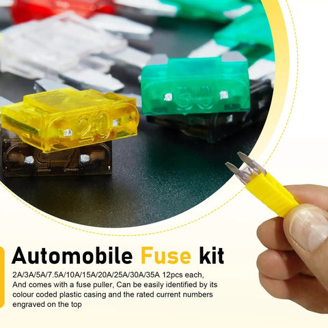 Close-up of Must Have 120 Piece Car Fuse Kit With Quick Blow Mini Blade Fuses in various colors, including yellow and green.