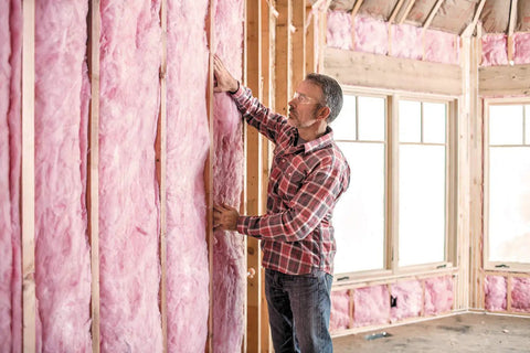 Premium Pink Fiberglass Insulation Batts For Interior Walls And Attic Cavities Heavy Duty Unfaced Design being installed on wall.