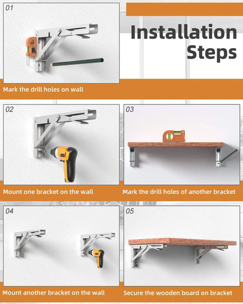 Installation steps for 20 Inch Foldable Shelf Brackets For DIY Tables And Shelves Heavy Duty Stainless Steel 300 Lbs Per Pair.