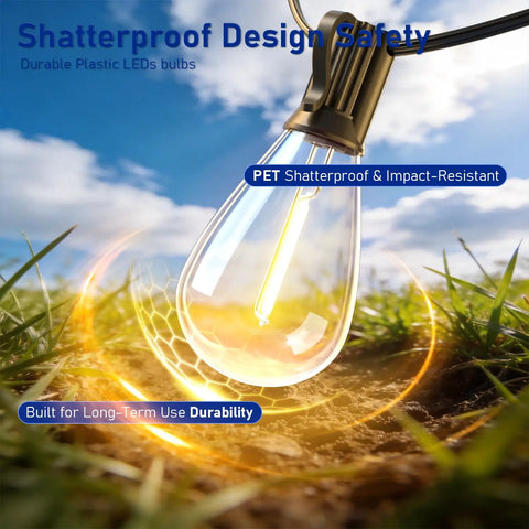 Close-up of shatterproof bulb from 100 Ft LED Outdoor String Lights With Remote Control in grassy outdoor setting during daytime.