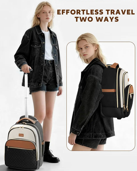 Women Lightweight Rolling Backpack With Wheels For Travel And Work Water Resistant Underseat Carry On Luggage on model