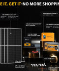 Off Grid RV Solar Panel Kit 800W Complete System With Four 200W Panels 3000W Inverter Charger Two Twelve Point Eight Volt Batteries