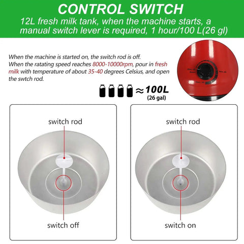 Diagram of control switch and settings on Top Notch High Speed Skim Milk Separator 12L Capacity Copper Motor Up To 10500 RPM.