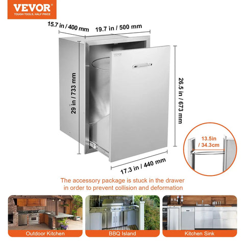 Outdoor Kitchen Trash Drawer System With Heavy Duty Stainless Steel Storage For Backyard BBQ Islands And Grills Pull Out Trash Bin Cabinet 19.7W X 29H X 15.7D Inches, front view with dimensions.