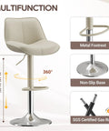 Adjustable Swivel Faux Leather Bar Stools Set Of 2, 26-34 Inch Counter Height Chairs With Footrests, metal footrest and swivel