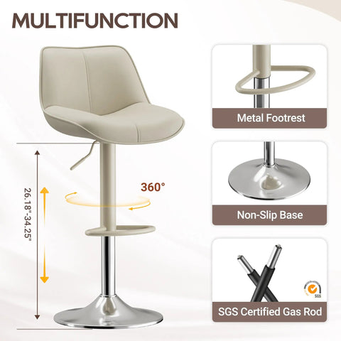 Adjustable Swivel Faux Leather Bar Stools Set Of 2, 26-34 Inch Counter Height Chairs With Footrests, metal footrest and swivel