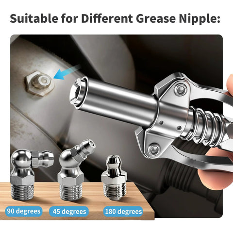 Grease gun coupler with 1/8 in. NPT dual-lock head; chrome finish with 90°, 45°, and 180° adapters shown.
