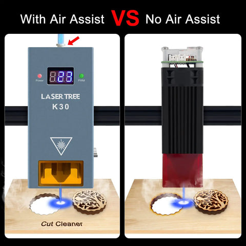 Beefed Up 30W Laser Module For DIY Laser Engraver Cutter With Air Assist showing comparison with and without air assist.