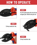 Pro Grade All-In-One Ratcheting Spark Plug Wire Crimp Tool Kit For 8.0-8.5mm Wires steps with black crimper and red handle.