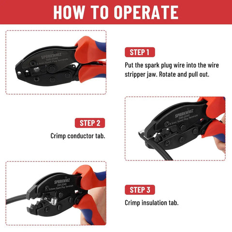 Pro Grade All-In-One Ratcheting Spark Plug Wire Crimp Tool Kit For 8.0-8.5mm Wires steps with black crimper and red handle.