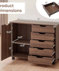 Total Game Changer Smooth Rolling 5 Drawer Wooden Filing Cabinet With Side Door And Adjustable Shelf Mobile Printer Stand Organizer For Home Office Bedroom Coffee Finish dimensions with measurements on a wooden unit.