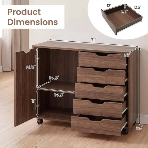 Total Game Changer Smooth Rolling 5 Drawer Wooden Filing Cabinet With Side Door And Adjustable Shelf Mobile Printer Stand Organizer For Home Office Bedroom Coffee Finish dimensions with measurements on a wooden unit.