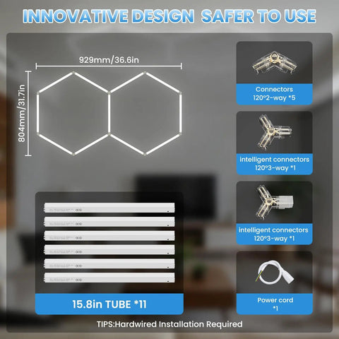 Hexagon LED Garage Light 72W 6500K Daylight White with 11 LED Panels Honeycomb Design and accessories for easy installation
