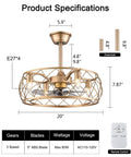 Dope Industrial 20 Inch Ceiling Fan With Light And Remote, Gold Cage Fixture, dimensions highlighted, product specifications shown