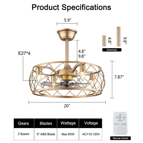 Dope Industrial 20 Inch Ceiling Fan With Light And Remote, Gold Cage Fixture, dimensions highlighted, product specifications shown
