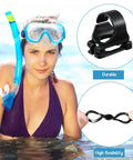 Woman in water with snorkel wearing mask with 16 Pack Universal Snorkel Clip And Silicone Keeper Set Plastic Snorkel Keeper Tube Holder Retainer