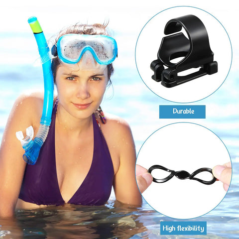 Woman in water with snorkel wearing mask with 16 Pack Universal Snorkel Clip And Silicone Keeper Set Plastic Snorkel Keeper Tube Holder Retainer