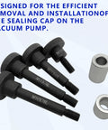 Front view of four black M10x78L vacuum pump sealing-cap remover bolts with knurled heads and two metal spacers.