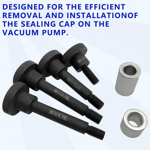 Front view of four black M10x78L vacuum pump sealing-cap remover bolts with knurled heads and two metal spacers.