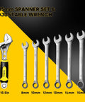 8-15mm spanner set and adjustable wrench on yellow and black background
