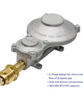 Heavy duty two stage RV propane regulator with brass and aluminum construction, 300,000 BTU/hr capacity, ideal for RVs and generators.