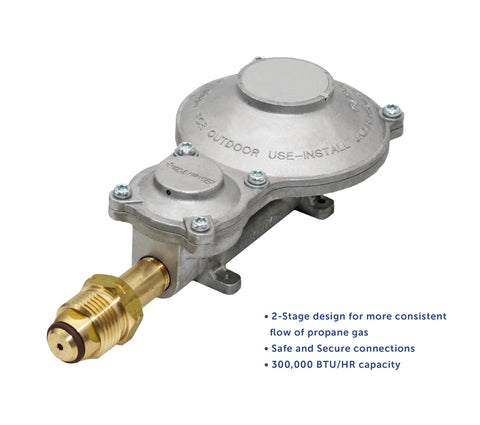 Heavy duty two stage RV propane regulator with brass and aluminum construction, 300,000 BTU/hr capacity, ideal for RVs and generators.