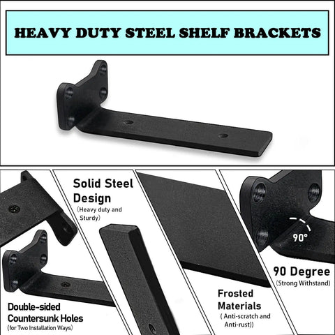 Beefy 0.2 Inch Thick Solid Steel L Shelf Brackets, Black Rustic Wall Mounts for 8 Inch Floating Shelves, details and features collage.