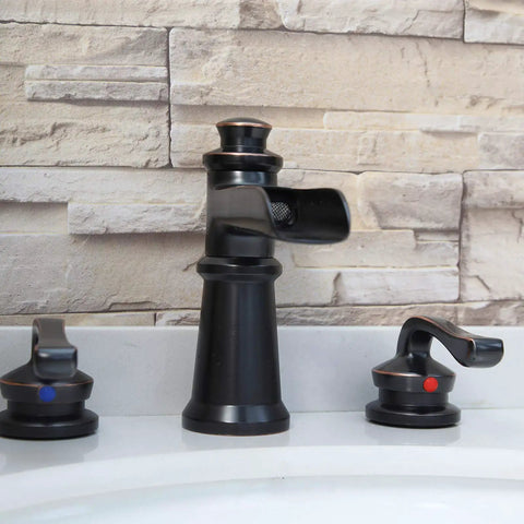 Waterfall Style Widespread Bathroom Faucet With 8 To 16 Inch Mounting Three Hole Two Handles Pop Up Drain Overflow Farmhouse Commercial