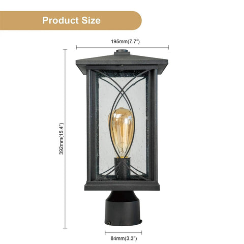 Outdoor Post Light Black Finish Waterproof Pole Lantern Lighting Fixture With Tempered Clear Seeded Glass for patios, gardens.