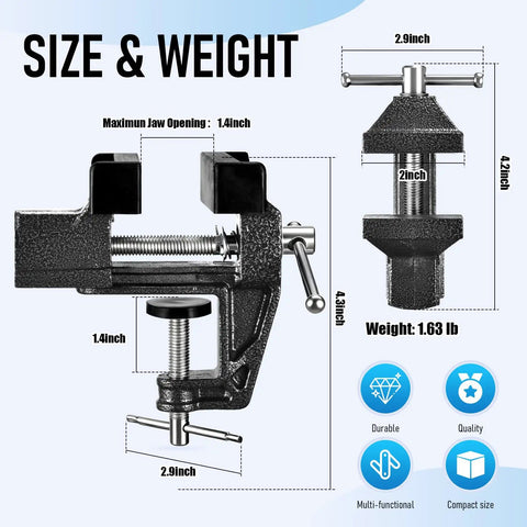 Heavy Duty Cast Steel Bench Vise Two Inch Jaw Clamp, 2inch jaw, 1.4inch gap, weighing 1.63 lbs for woodworking and jewelry tasks.