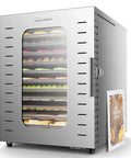 Heavy Duty Commercial Food Dehydrator With Twelve Roomy Trays, Slick Stainless Steel Drying Rack, front view with colorful dried fruits.