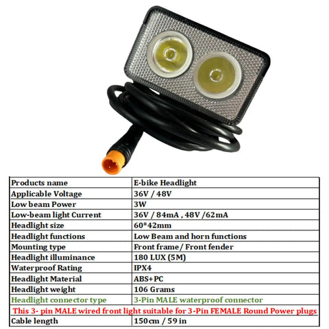 Front Light With Integrated Horn For E Bikes And Scooters, Waterproof 3 Pin Male Connector, 36V And 48V Compatible Headlight