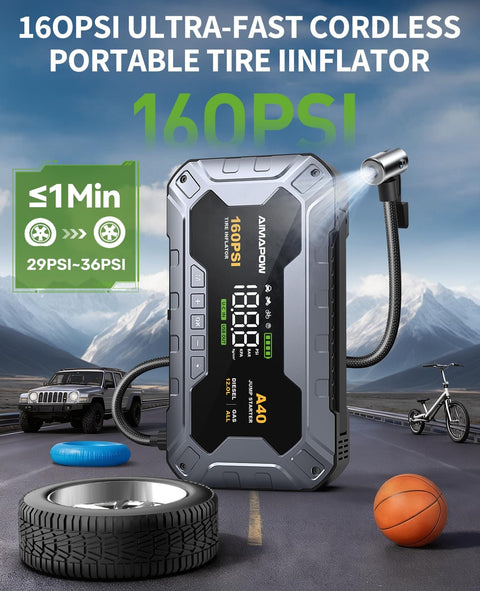 160PSI cordless tire inflator for cars, bikes, sports balls, fast inflation in 1 min, outdoor road scene
