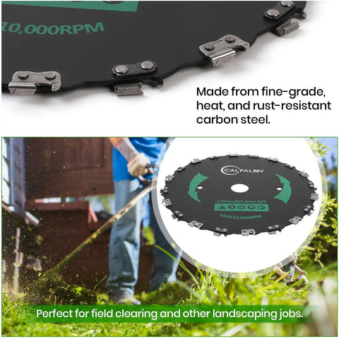 Close-up of 9 Inch 20 Tooth Brush Cutter Blade Kit With 2 Blades, 3 Round Files And 4 Washers For Trimmer And Weed Eater, Carbon Steel