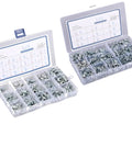 Two open boxes showing Grease Fittings Kit 110 Pcs Metric And NPT Assortment with 1/4 in and 1/8 in fittings, organized by size.