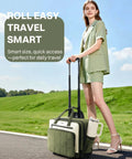AUROTIER rolling laptop bag, green quilted front with beige panel, wheeled carry-on with retractable handle (front view)