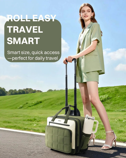 AUROTIER rolling laptop bag, green quilted front with beige panel, wheeled carry-on with retractable handle (front view)