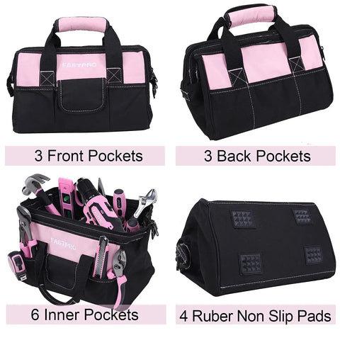 Pink 232-Piece Drill Set With 20V Cordless Drill Driver And Home Tool Kit For Women with 12-Inch Storage Bag showing pockets