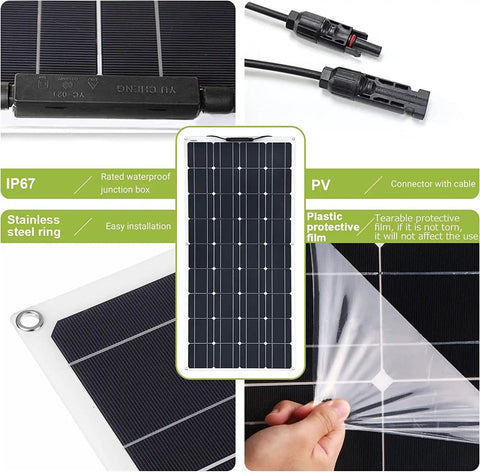 Flexible 800 Watt Solar Panel Kit With Two 400 Watt Panels 40 Amp Charge Controller And Inverter For Camping Boats RV Off Grid Power Monocrystalline PV Modules For Low Light And Curved Surfaces image showing a detailed view of solar panel features and connectors.