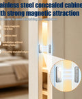Four Pack Magnetic Door Catches No Drill Heavy Duty Hidden Locks Secure Cabinets With Super Strong Adhesive For Quiet Close and Silent Drawer Safety installed on a cabinet