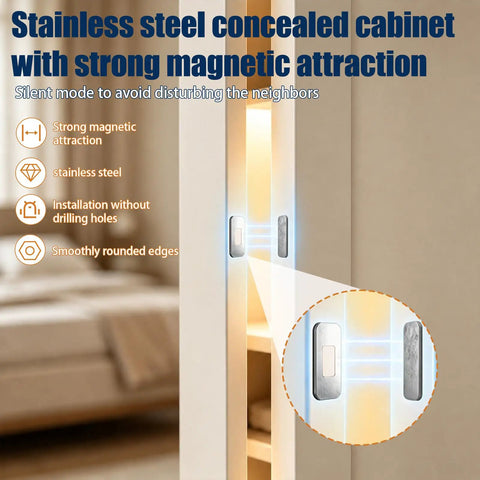 Four Pack Magnetic Door Catches No Drill Heavy Duty Hidden Locks Secure Cabinets With Super Strong Adhesive For Quiet Close and Silent Drawer Safety installed on a cabinet