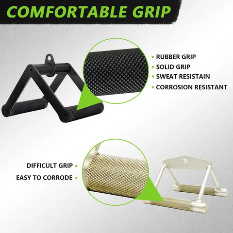 Must Have Double D Row Handle Cable Attachment And V Bar For Lat Pulldown And Tricep Press, Heavy Duty Steel With Non Slip Rubber Grips For Secure, Comfortable Gym And Home Workouts, black rubber grip close-up